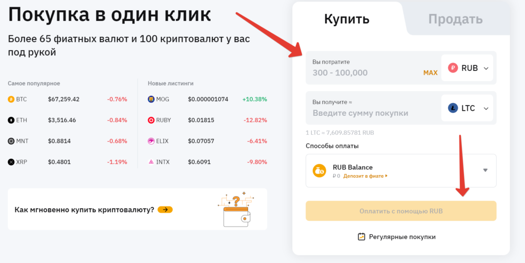 Покупка Litecoin за фиатный депозит в рублях