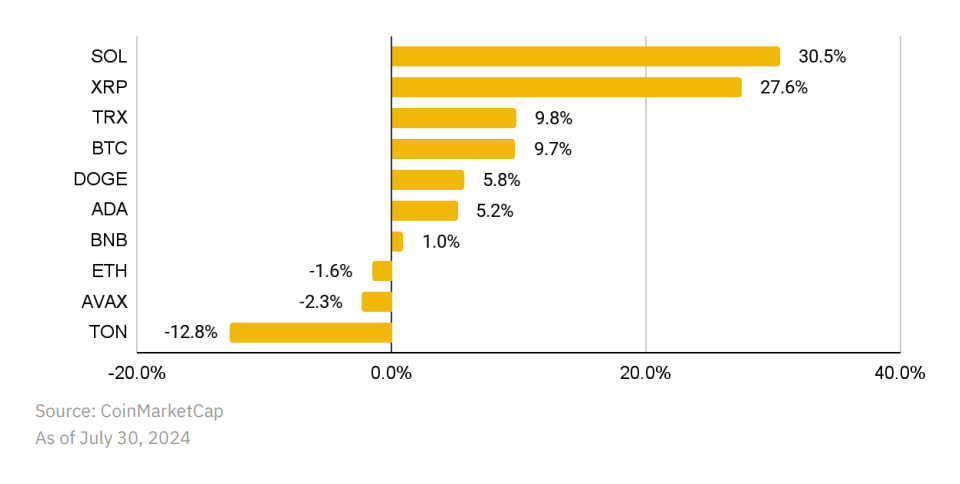 Ежемесячная динамика цен на 10 лучших монет по рыночной капитализации в июле 2024