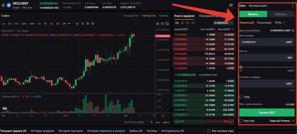 интерфейс биржи Bybit по покупке eCash
