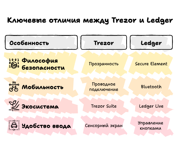 Ключевые отличия между Trezor и Ledger