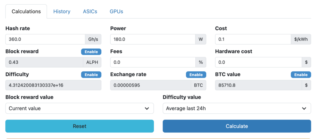 Калькулятор WhatToMine для расчета прибыльности Alephium